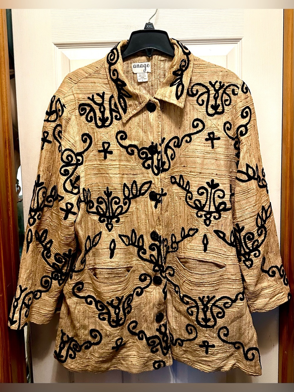 Anage Tan Jacket with Black Embroidered Motifs